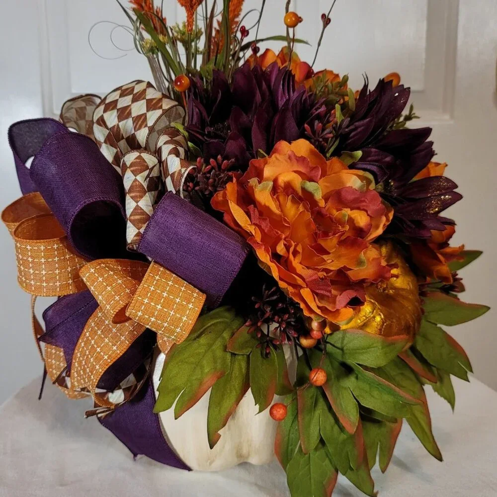 Fall Pumpkin with Purple Sunflowers & Orange Peonies Floral Arrangement - Medium